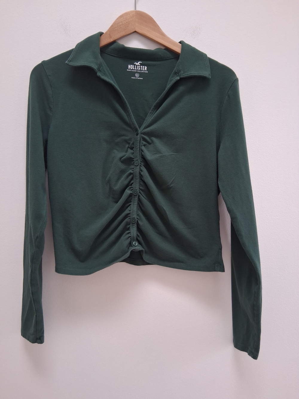 Hollister Green Ruched Button-Front Long Sleeve Top Size XL